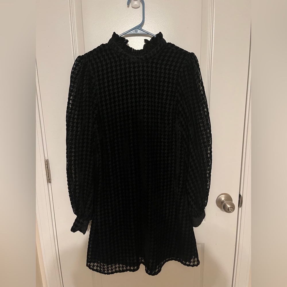 Smak Parlour Black Houndstooth Velvet Girl Talk Shift Dress Small